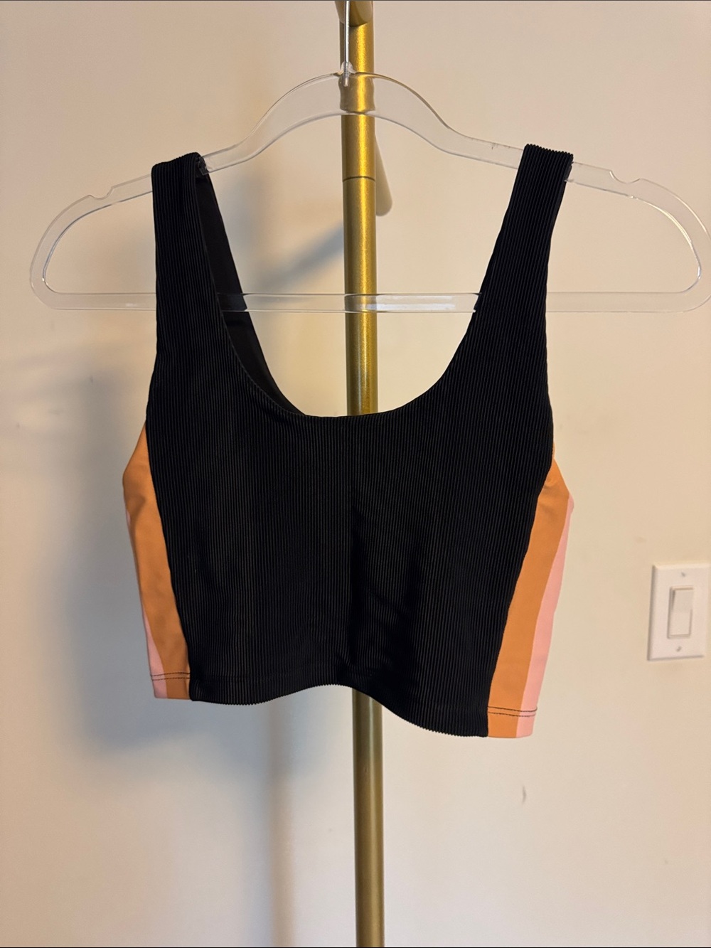 Beach Riot Black Ribbed Sports Crop with Pink and Orange Panels